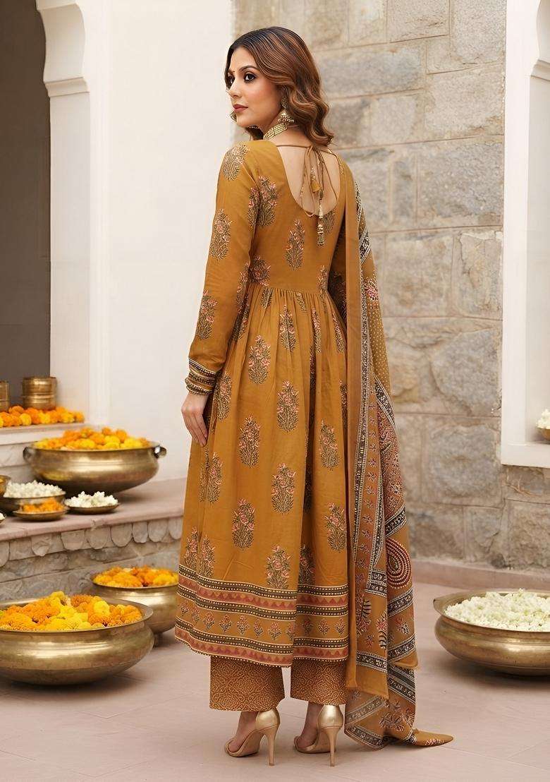 Mustard Printed Viscose Kurta Set - Indya
