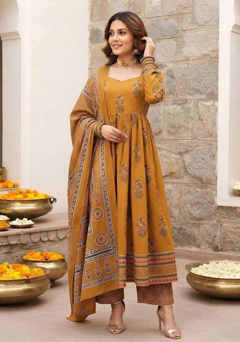 Mustard Printed Viscose Kurta Set - Indya