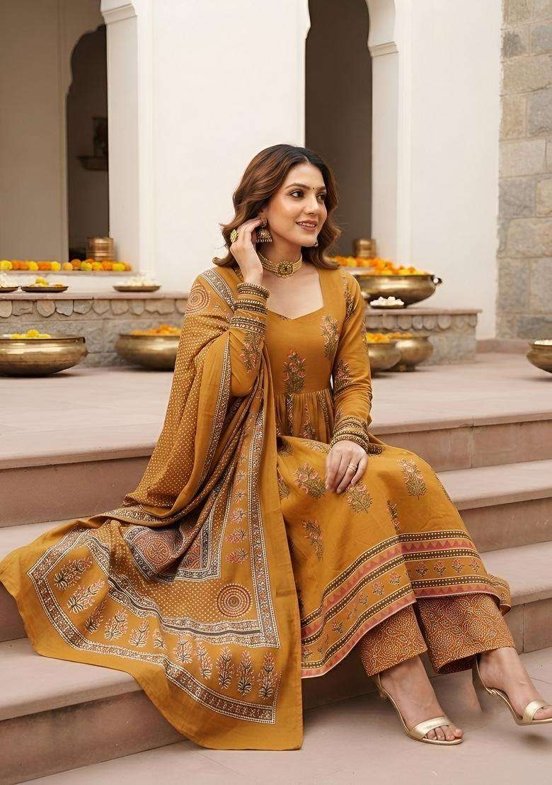 Mustard Printed Viscose Kurta Set - Indya