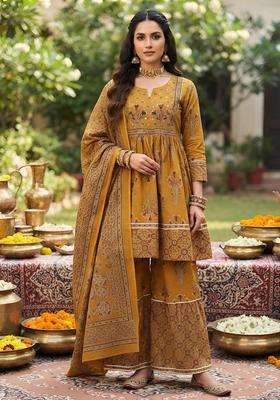 Mustard Printed Viscose Kurta Set