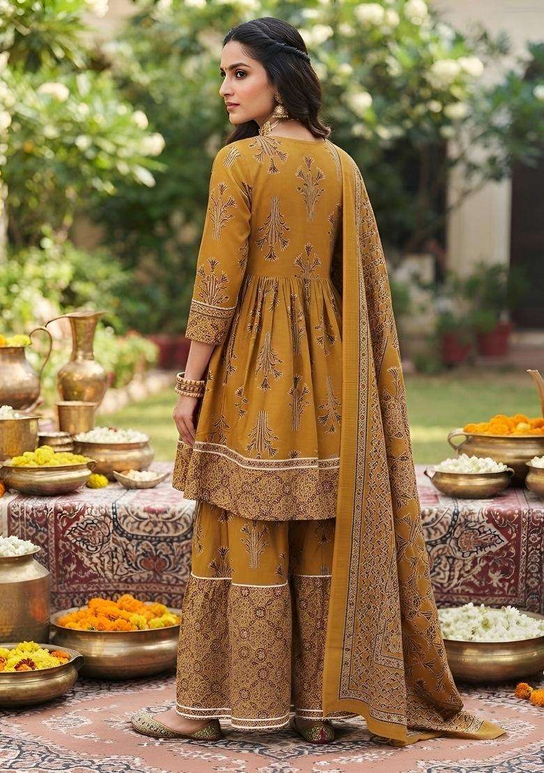 Mustard Printed Viscose Kurta Set - Indya