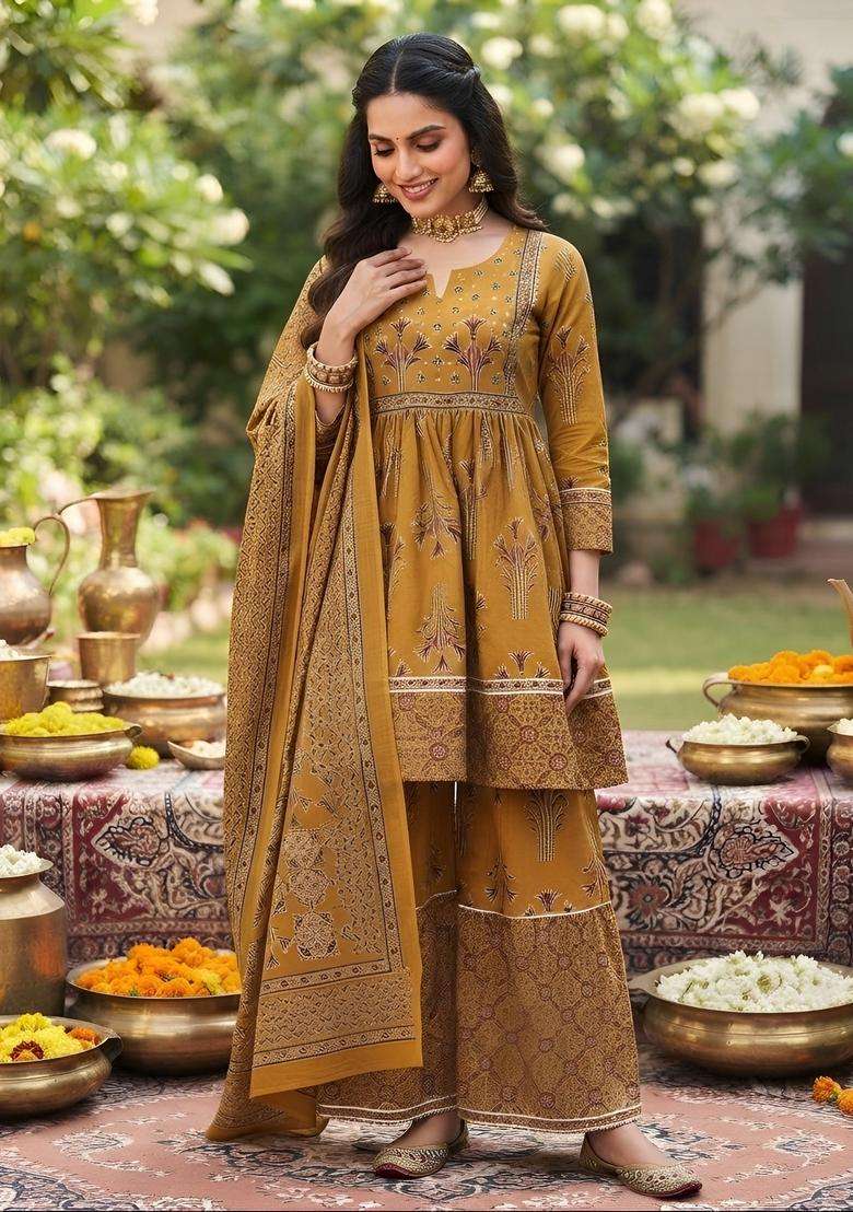 Mustard Printed Viscose Kurta Set - Indya