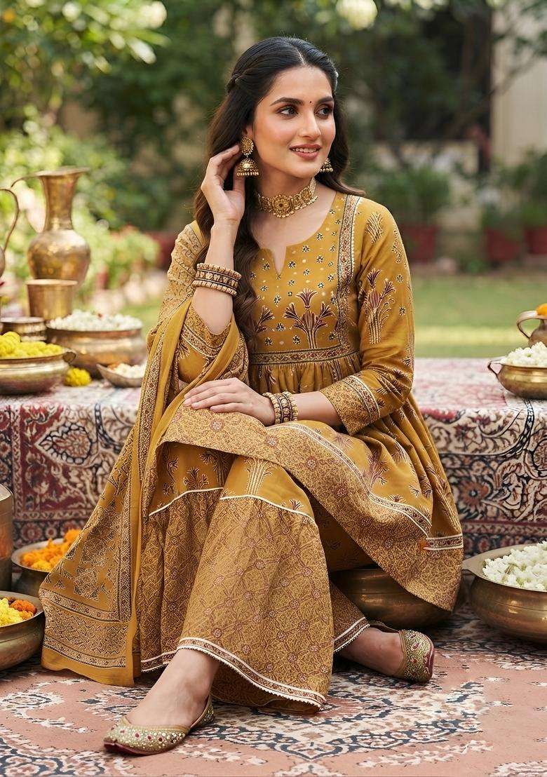 Mustard Printed Viscose Kurta Set - Indya