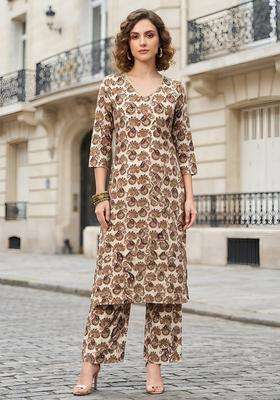 Off White Printed Viscose Kurta Set