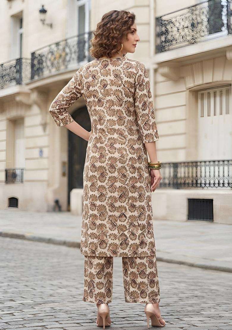 Off White Printed Viscose Kurta Set - Indya