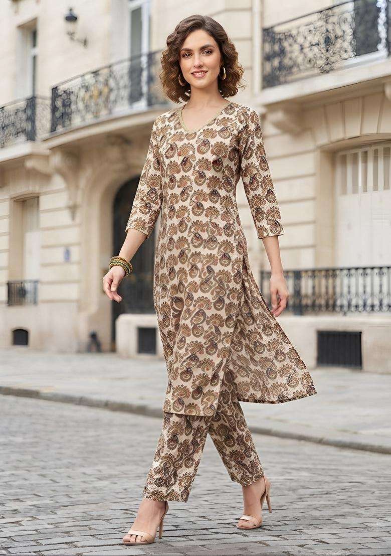 Off White Printed Viscose Kurta Set - Indya
