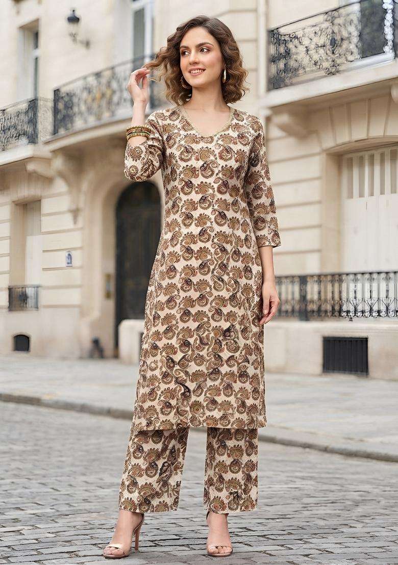 Off White Printed Viscose Kurta Set - Indya