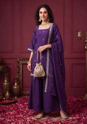 Purple Embroidery Viscose Kurta Set