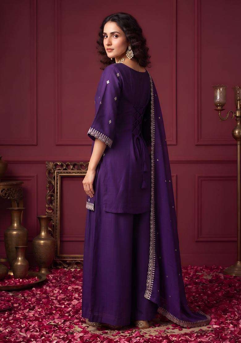 Purple Embroidery Viscose Kurta Set - Indya