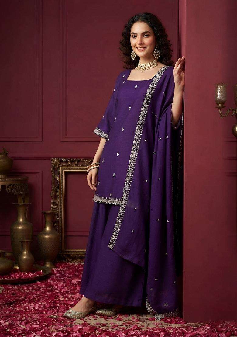 Purple Embroidery Viscose Kurta Set - Indya