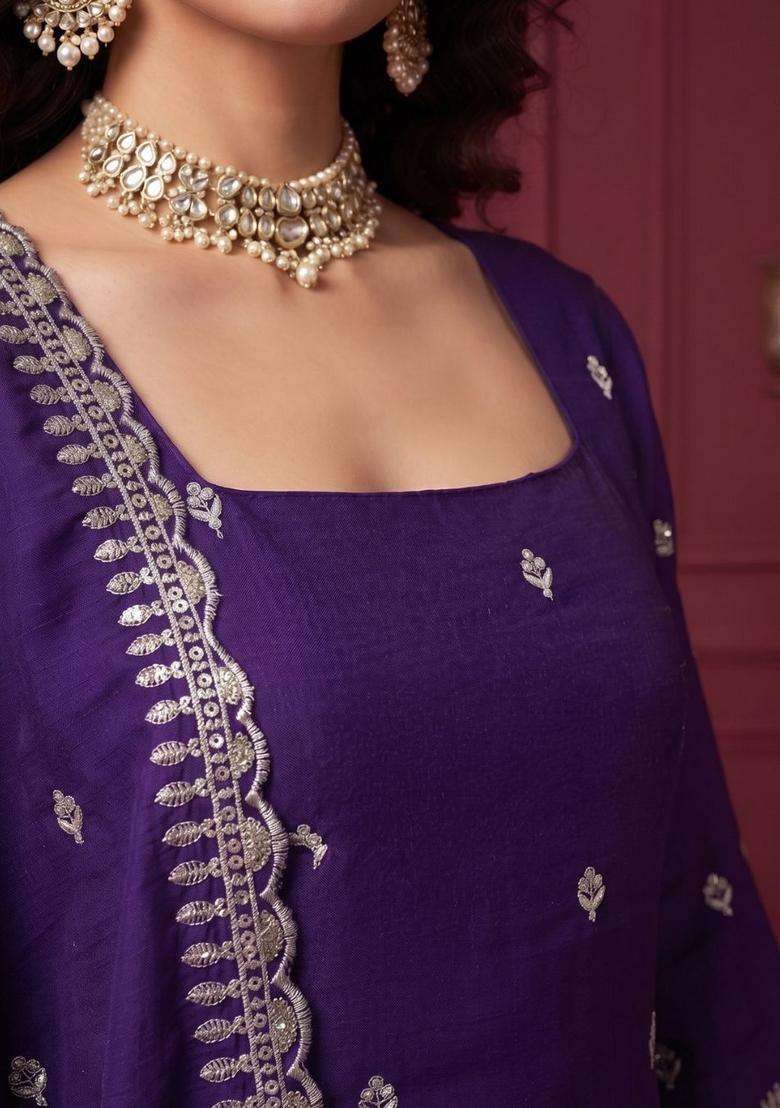 Purple Embroidery Viscose Kurta Set - Indya