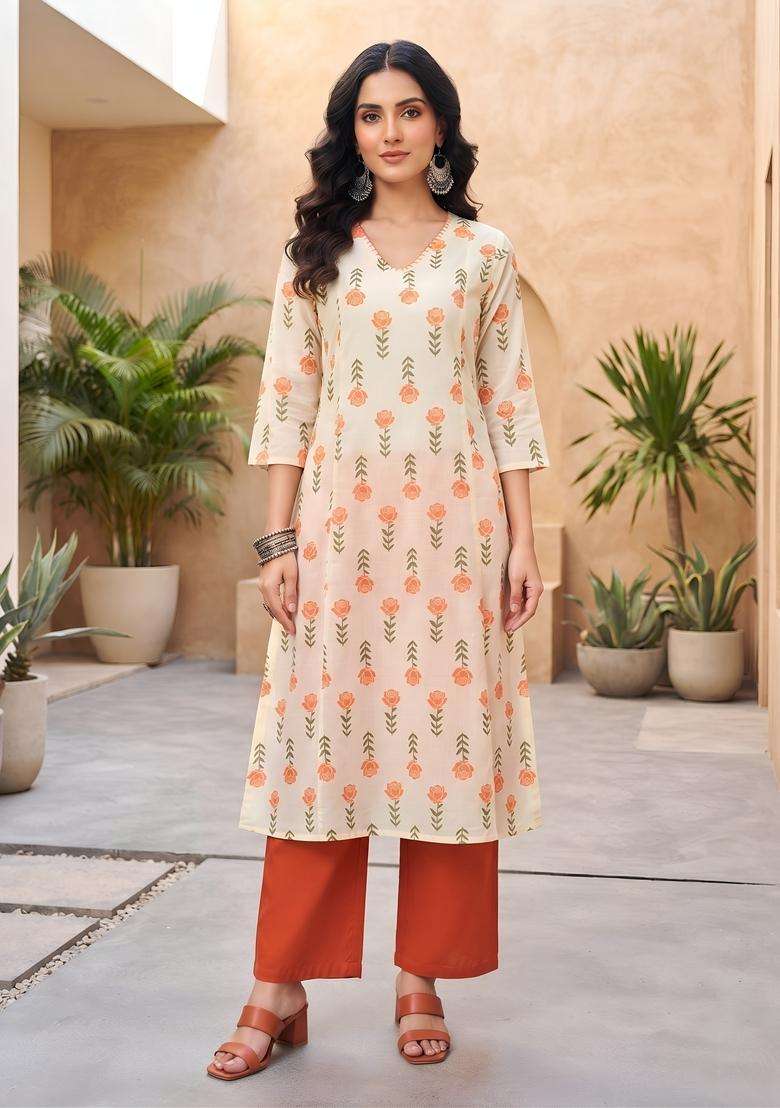 Cream Printed Cotton Kurta Set - Indya