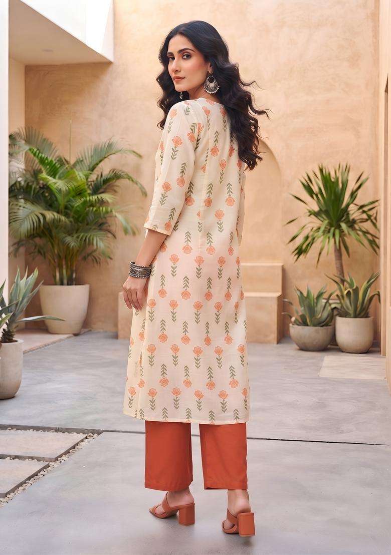 Cream Printed Cotton Kurta Set - Indya