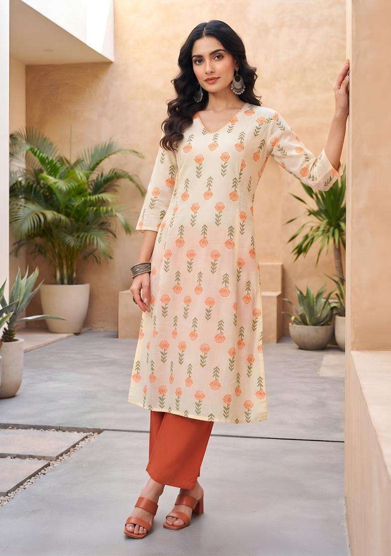 Cream Printed Cotton Kurta Set - Indya