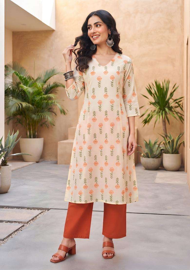 Cream Printed Cotton Kurta Set - Indya
