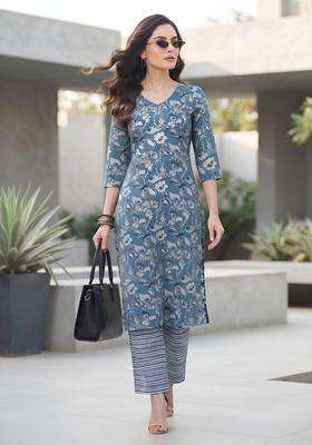 Blue Printed Viscose Kurta Set