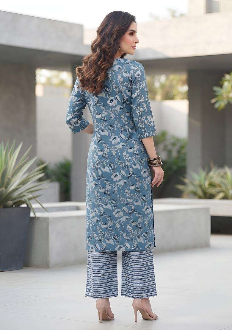 Blue Printed Viscose Kurta Set - Indya
