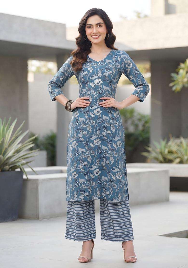 Blue Printed Viscose Kurta Set - Indya