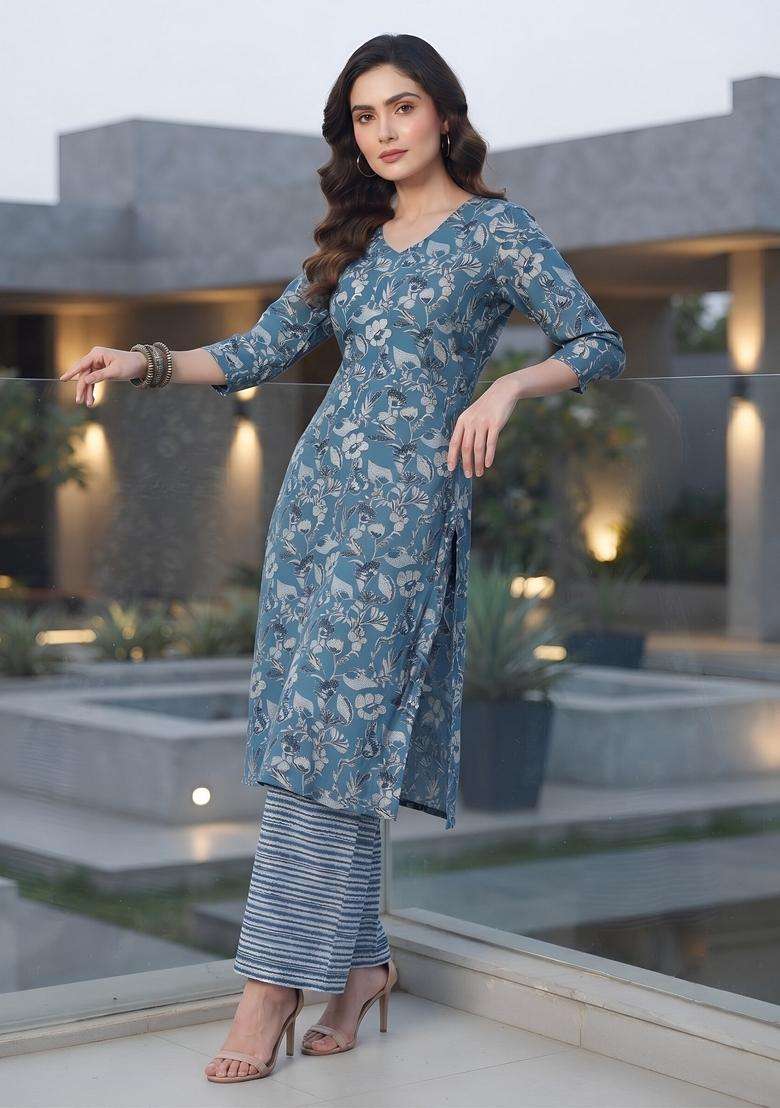 Blue Printed Viscose Kurta Set - Indya