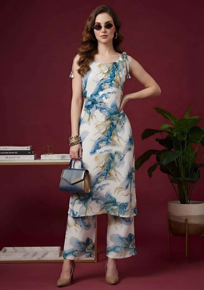Blue Printed Viscose Kurta Set - Indya