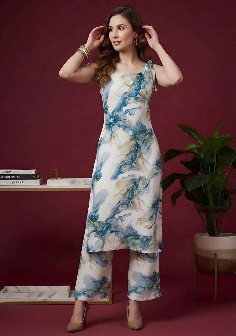 Blue Printed Viscose Kurta Set - Indya