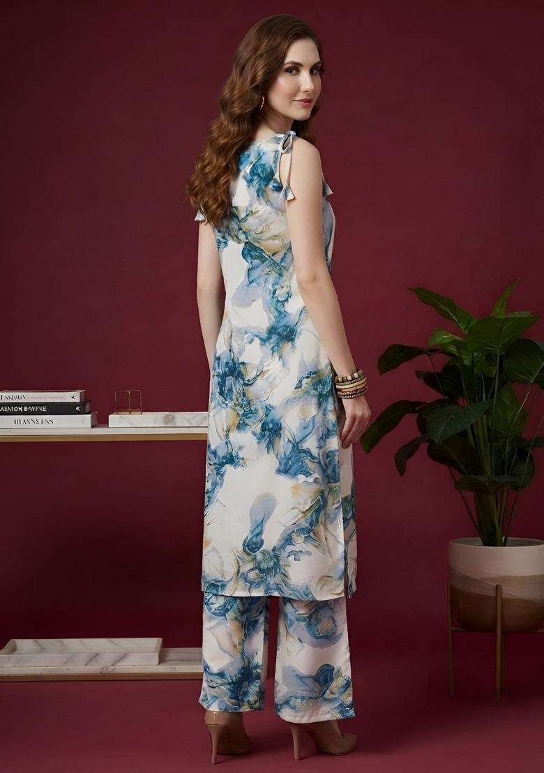 Blue Printed Viscose Kurta Set - Indya