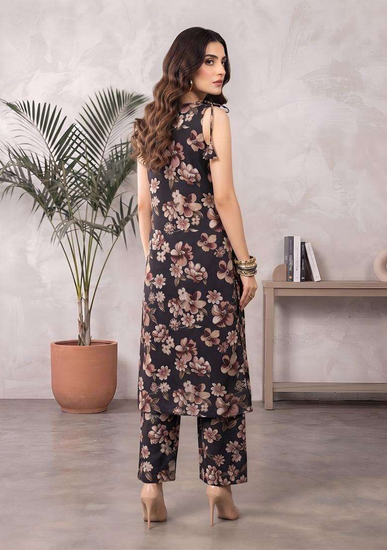 Black Printed Viscose Kurta Set - Indya