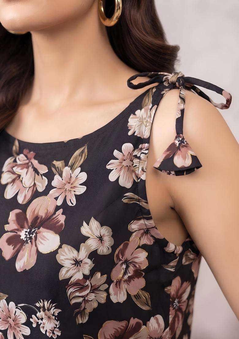 Black Printed Viscose Kurta Set - Indya