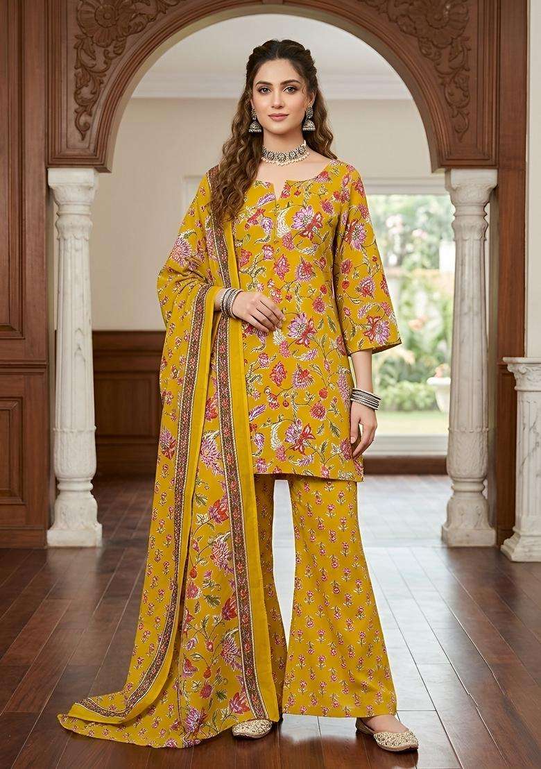 Yellow Printed Cotton Kurta Set - Indya