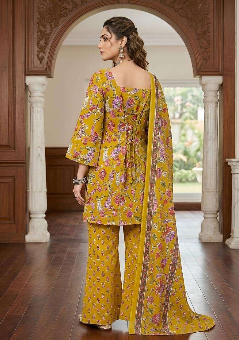 Yellow Printed Cotton Kurta Set - Indya
