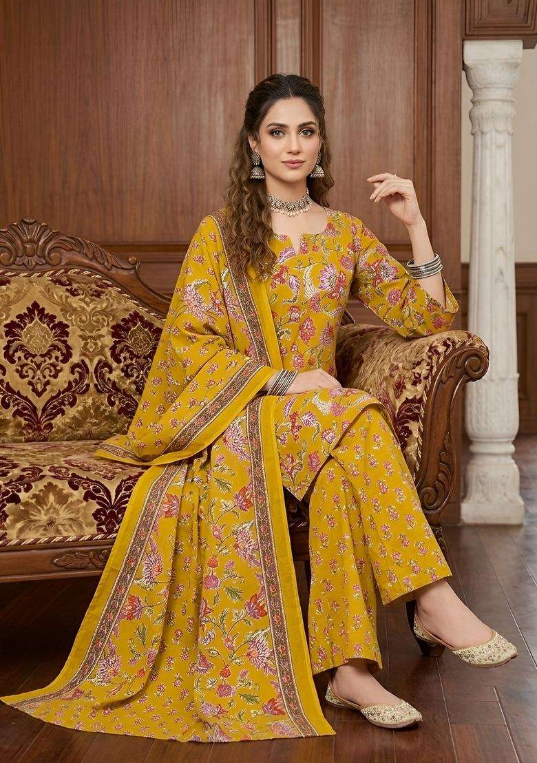 Yellow Printed Cotton Kurta Set - Indya