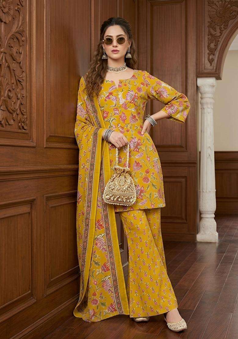 Yellow Printed Cotton Kurta Set - Indya