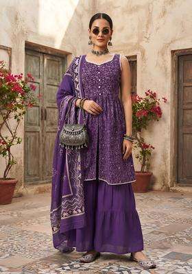 Purple Printed Cotton Kurta Set