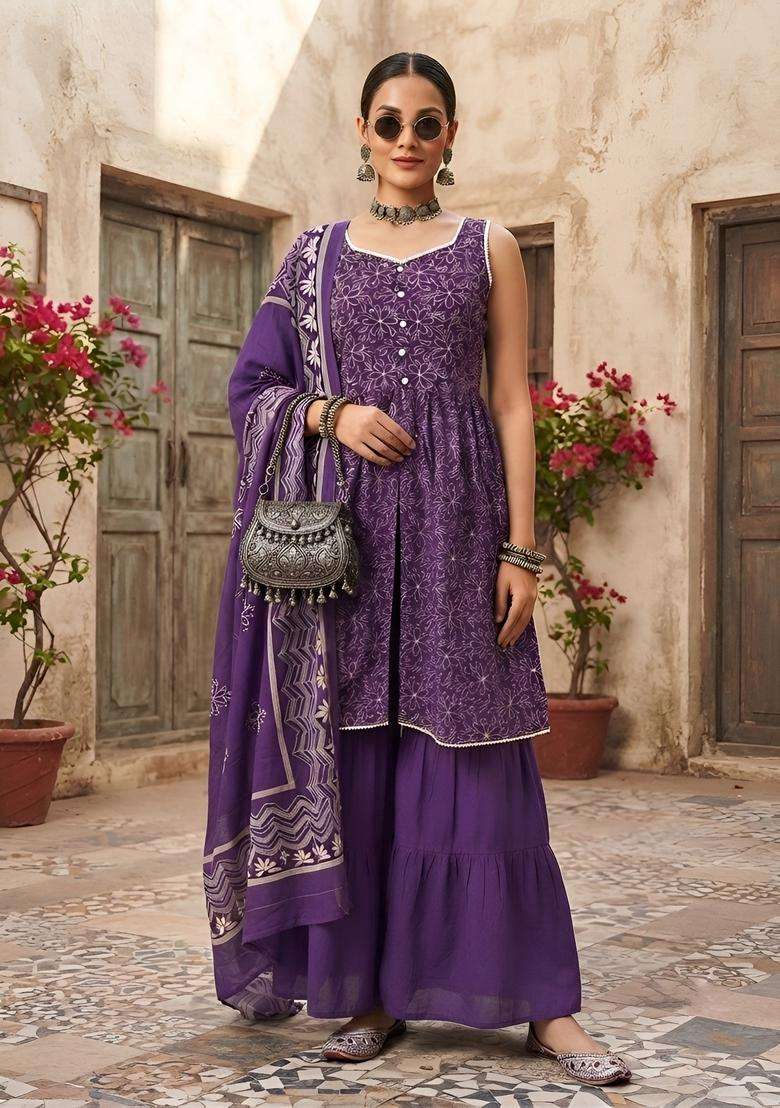 Purple Printed Cotton Kurta Set - Indya