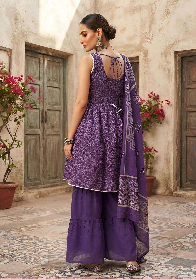 Purple Printed Cotton Kurta Set - Indya