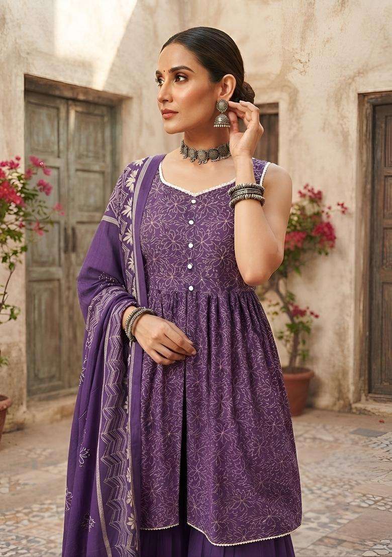 Purple Printed Cotton Kurta Set - Indya