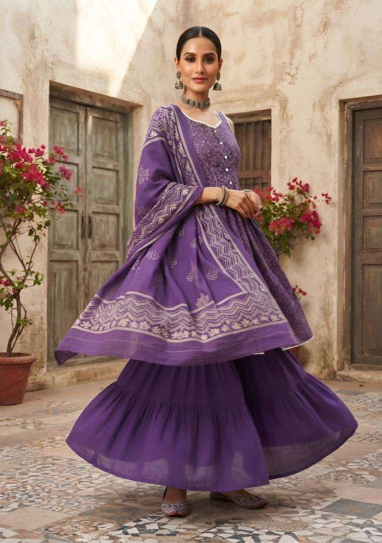 Purple Printed Cotton Kurta Set - Indya
