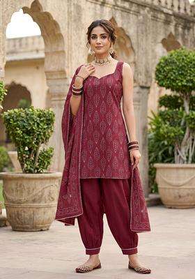 Burgundy Printed Cotton Kurta Set