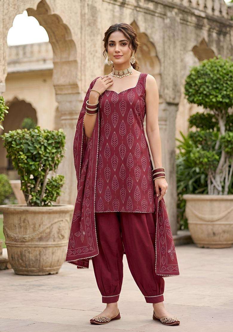 Burgundy Printed Cotton Kurta Set - Indya