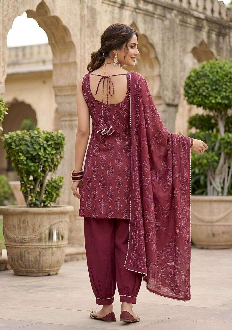Burgundy Printed Cotton Kurta Set - Indya