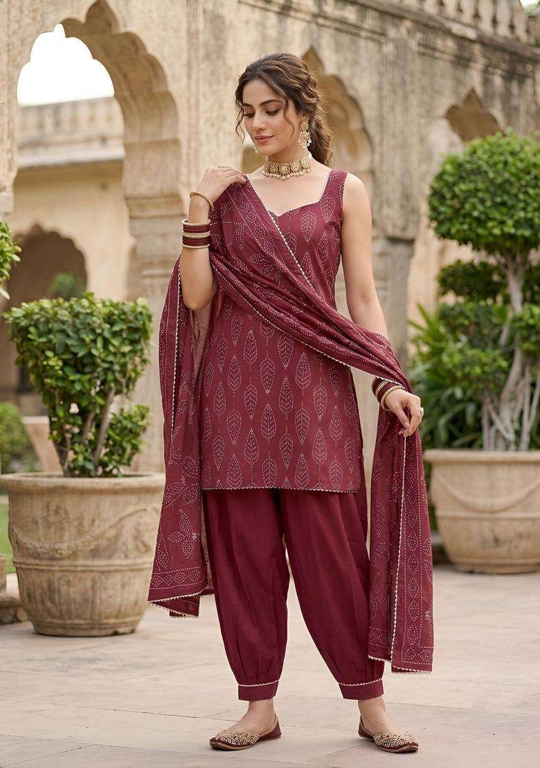 Burgundy Printed Cotton Kurta Set - Indya