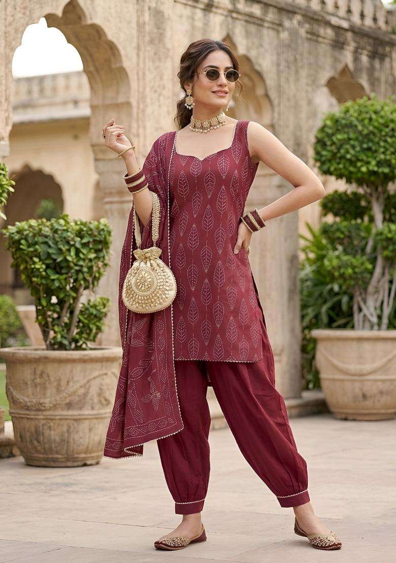 Burgundy Printed Cotton Kurta Set - Indya