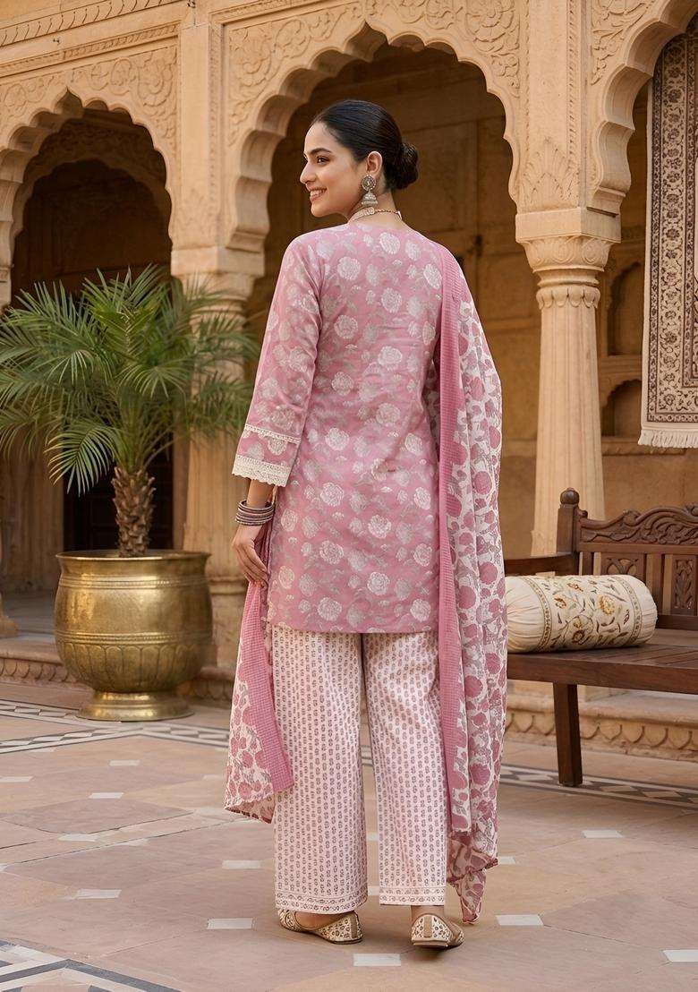 Mauve Printed Cotton Kurta Set - Indya