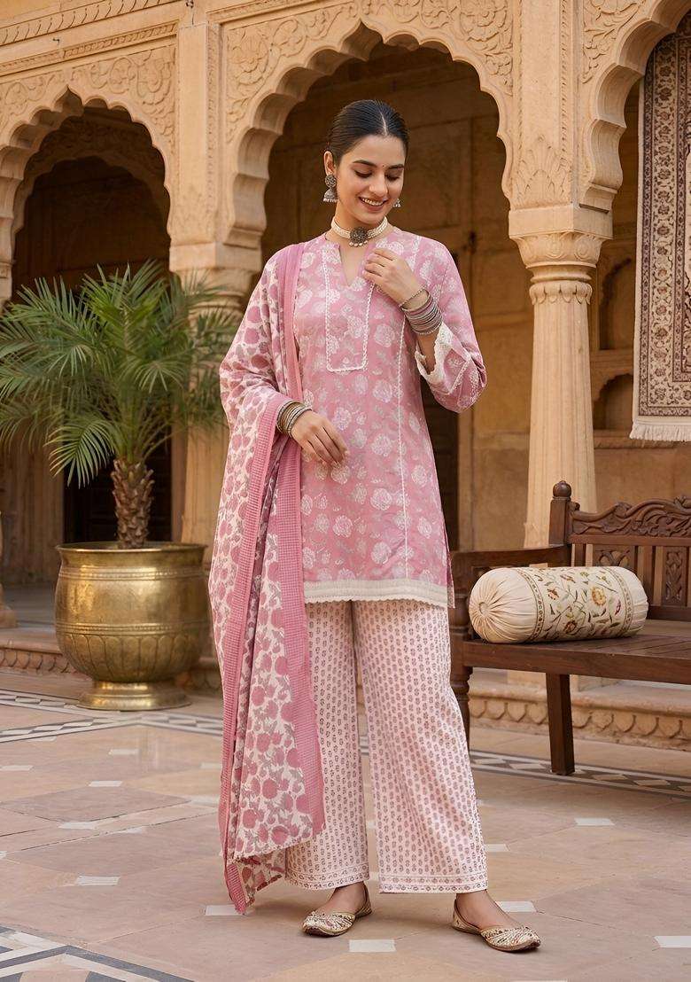 Mauve Printed Cotton Kurta Set - Indya