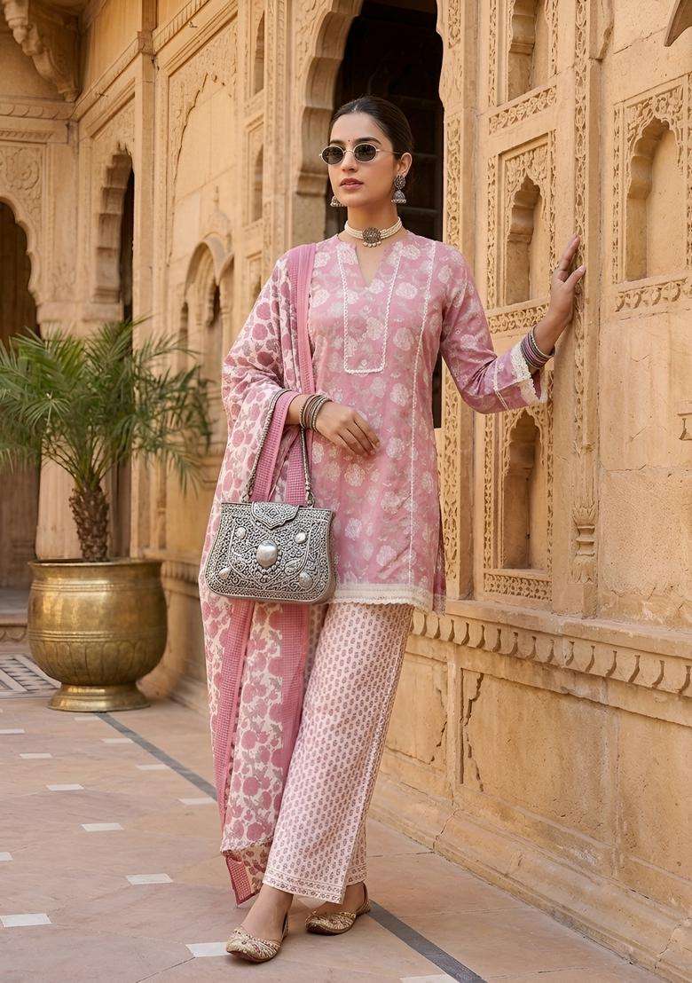 Mauve Printed Cotton Kurta Set - Indya