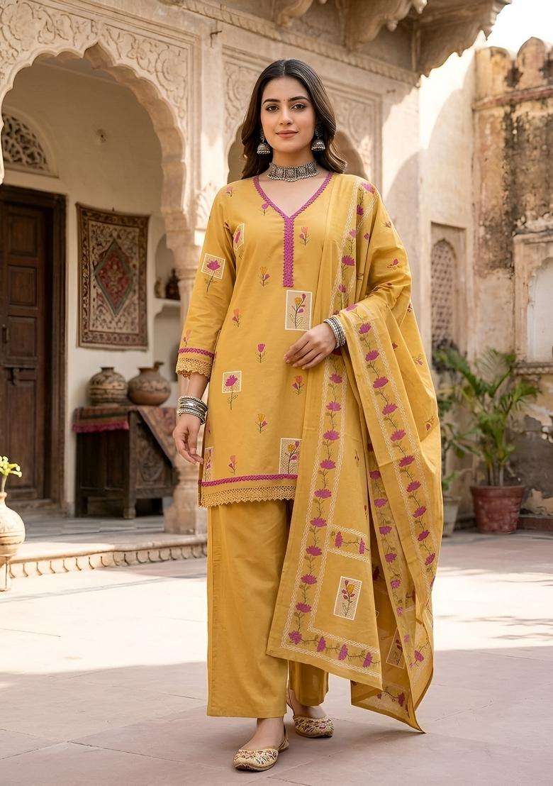 Mustard Printed Silk Kurta Set - Indya