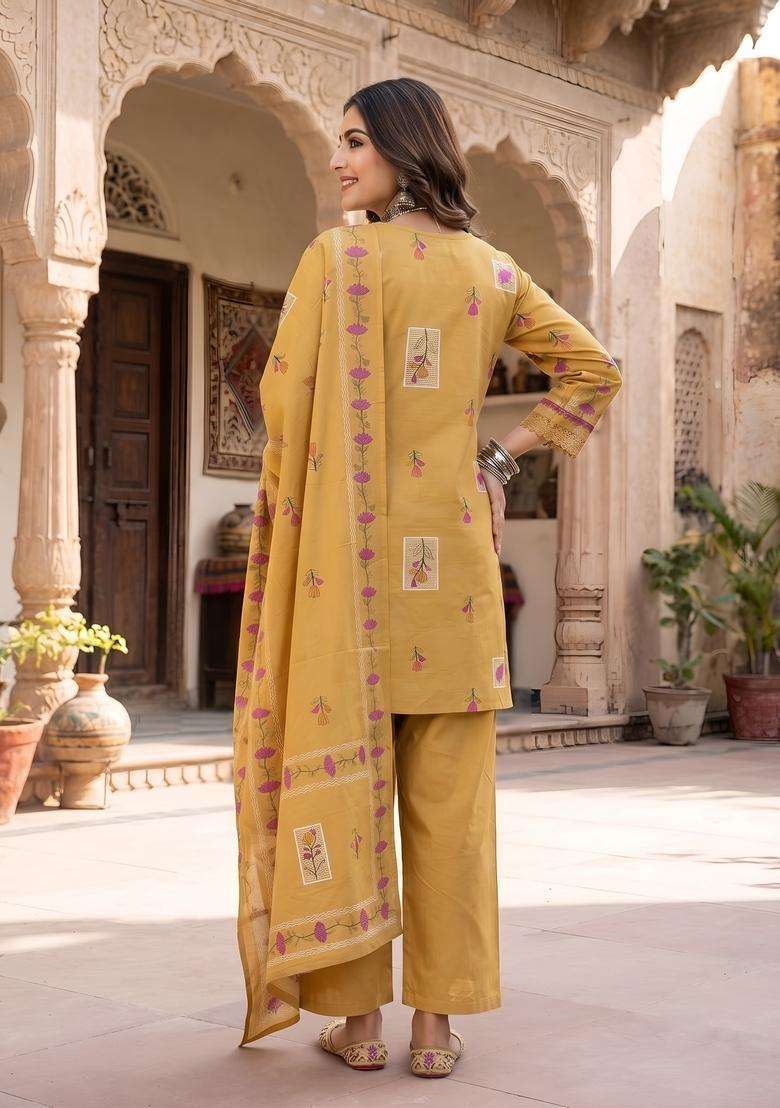 Mustard Printed Silk Kurta Set - Indya