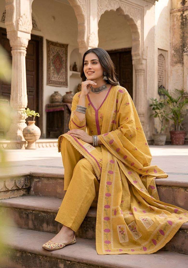 Mustard Printed Silk Kurta Set - Indya