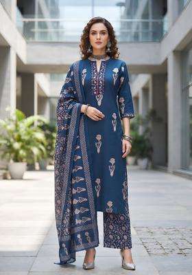 Navy Blue Printed Cotton Kurta Set