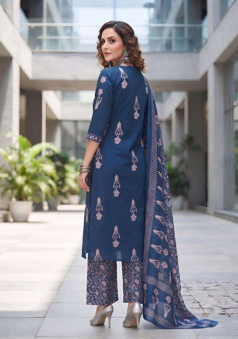 Navy Blue Printed Cotton Kurta Set - Indya